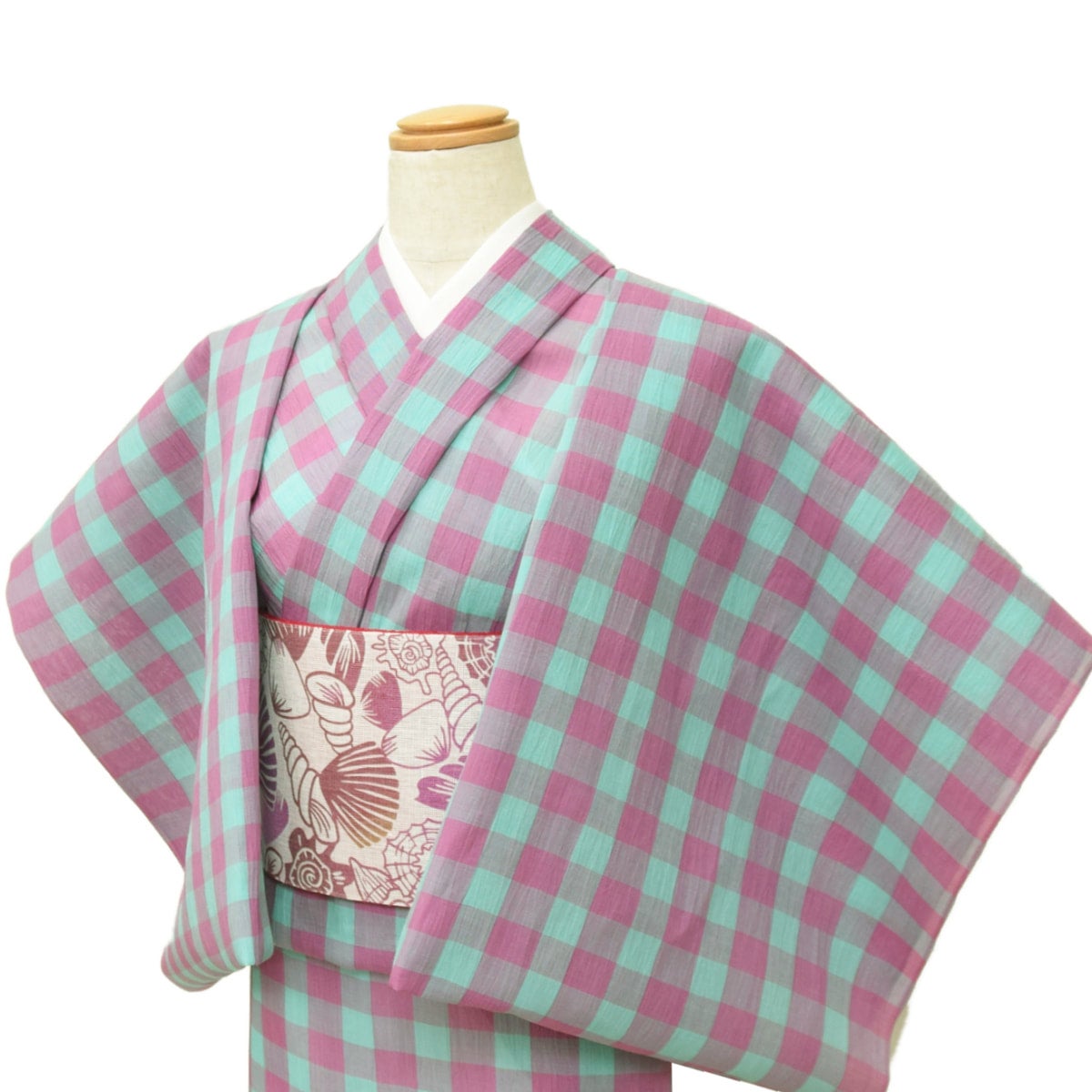 小千谷縮 ブロックチェック ピンク/ターコイズブルー (小格子) | お