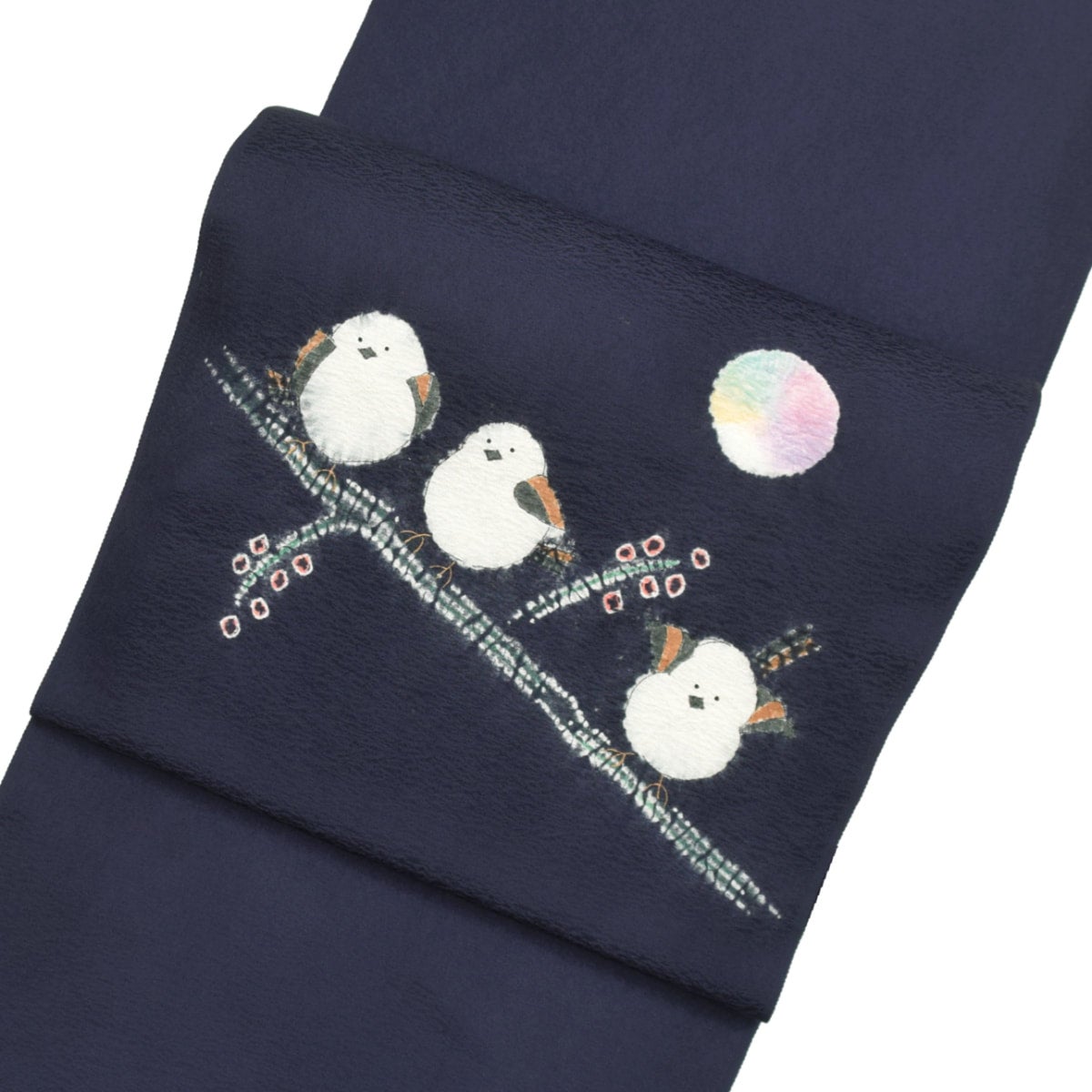 正絹 刺繍九寸名古屋帯 シマエナガ/こげ茶 | おべべほほほ