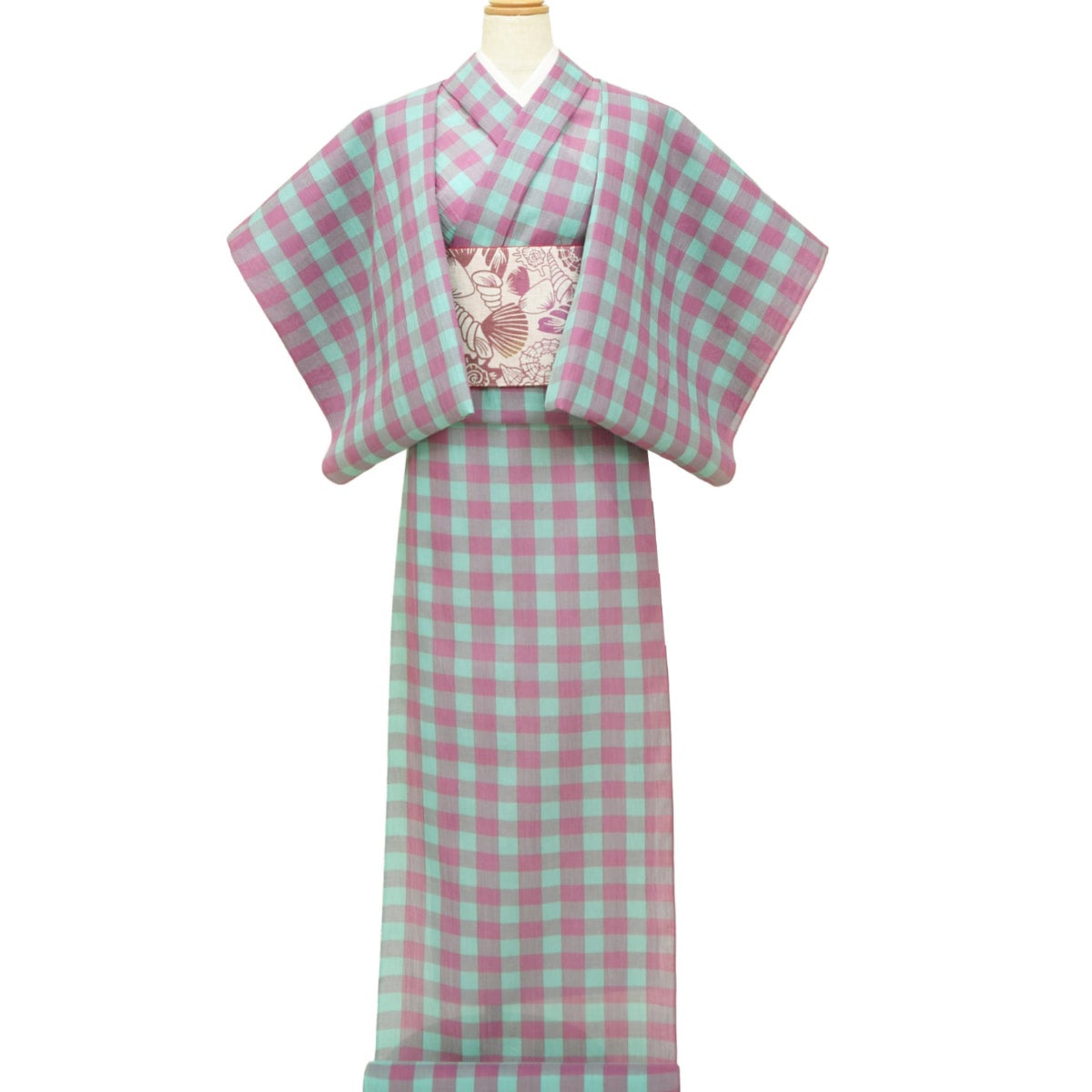 小千谷縮 ブロックチェック ピンク/ターコイズブルー (小格子) | お