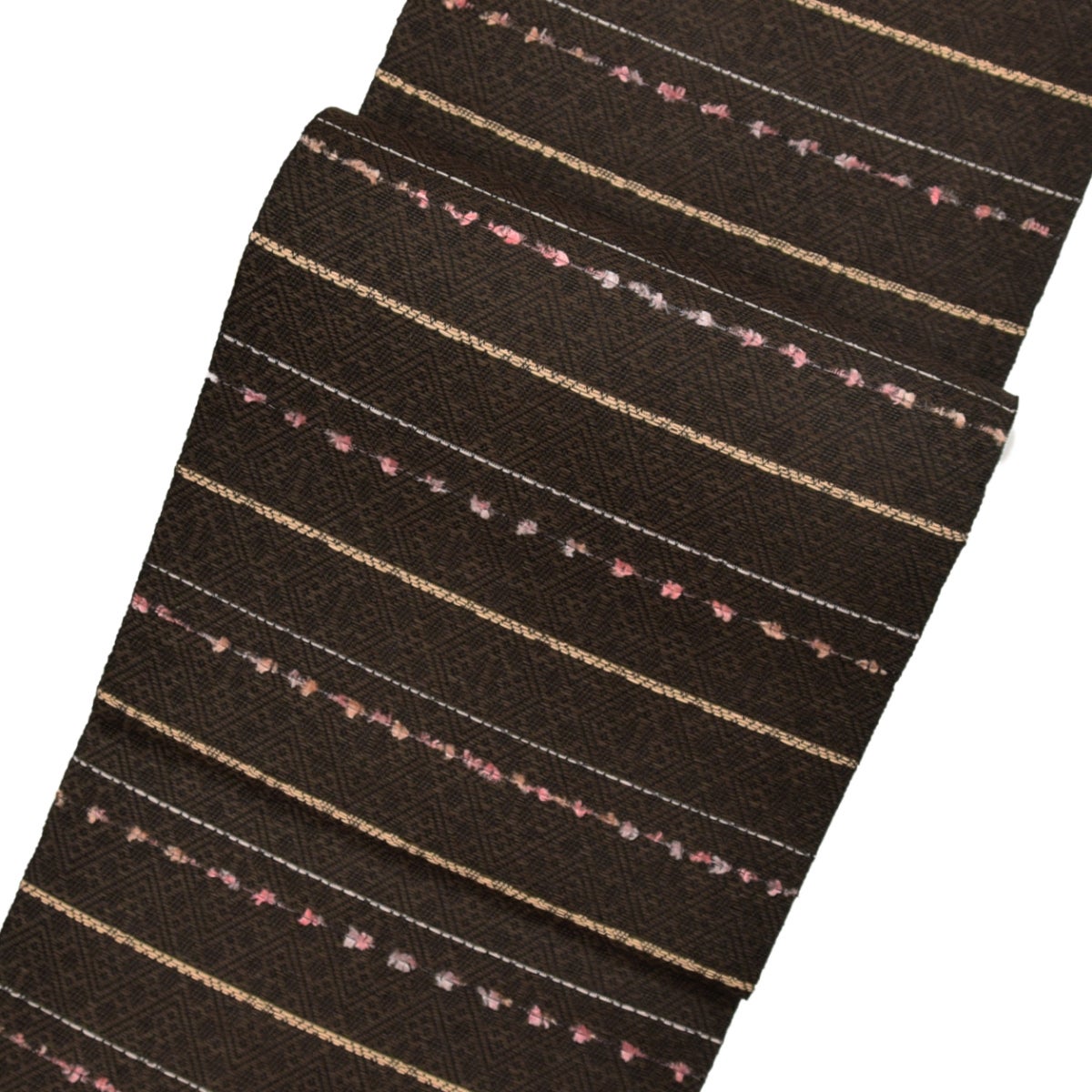 木綿 イカット柄 絣 全通 九寸名古屋帯 ボルドー味の赤×墨黒×ベージュ