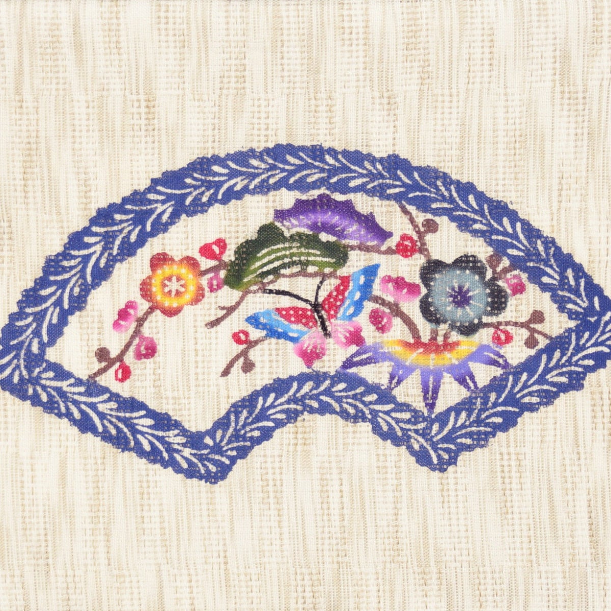赤 花刺繍 半幅帯 本麻（夏むき】 竺仙 紅型麻半巾帯 扇・紺